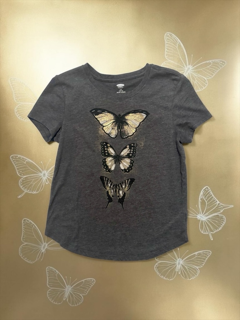 Old Navy Girls Butterfly Tee – Dark Heather Gray, Size L (10–12), EUC